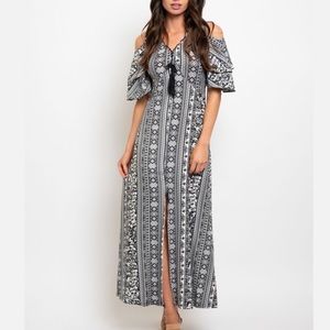 Women’s Boho Cold Shoulder Floral Maxi Dress Large